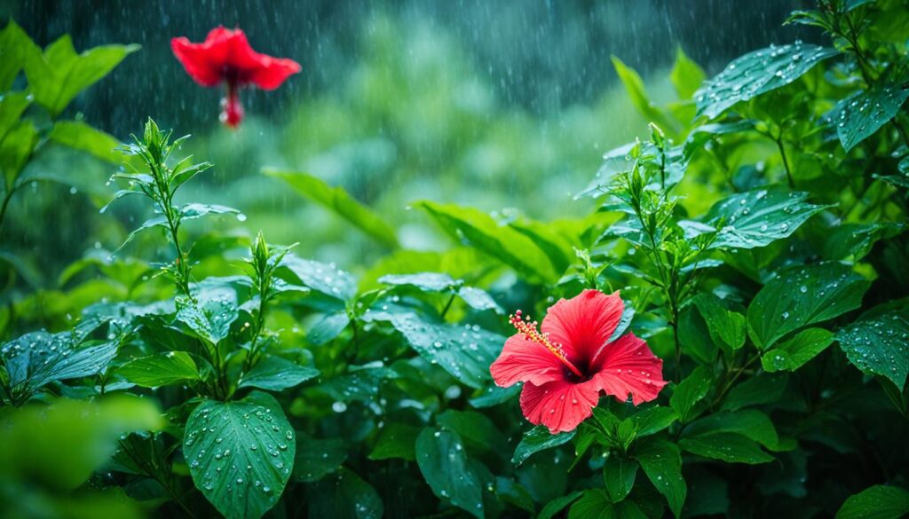 luna hibiscus flower in rain garden